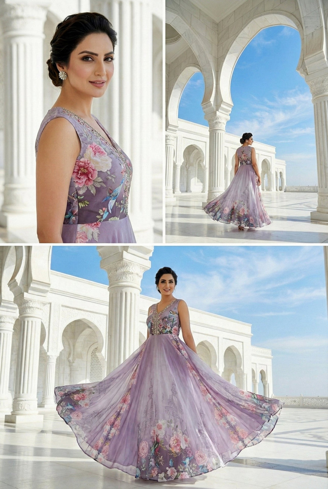 Neerus Purple crepe hand embroidered maxi dress - detail view 1