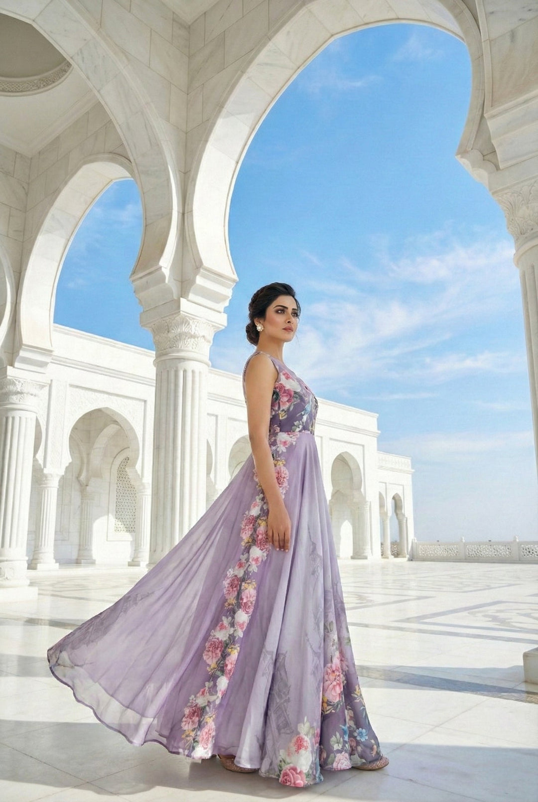 Neerus Purple crepe hand embroidered maxi dress - back view