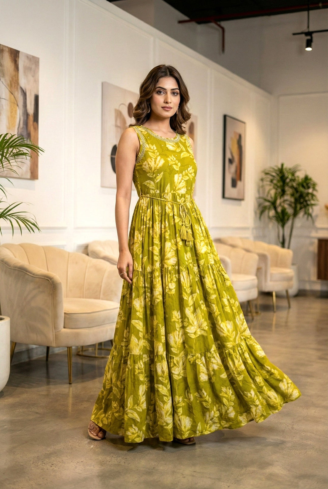 Neerus Green rayon printed maxi dress - front view