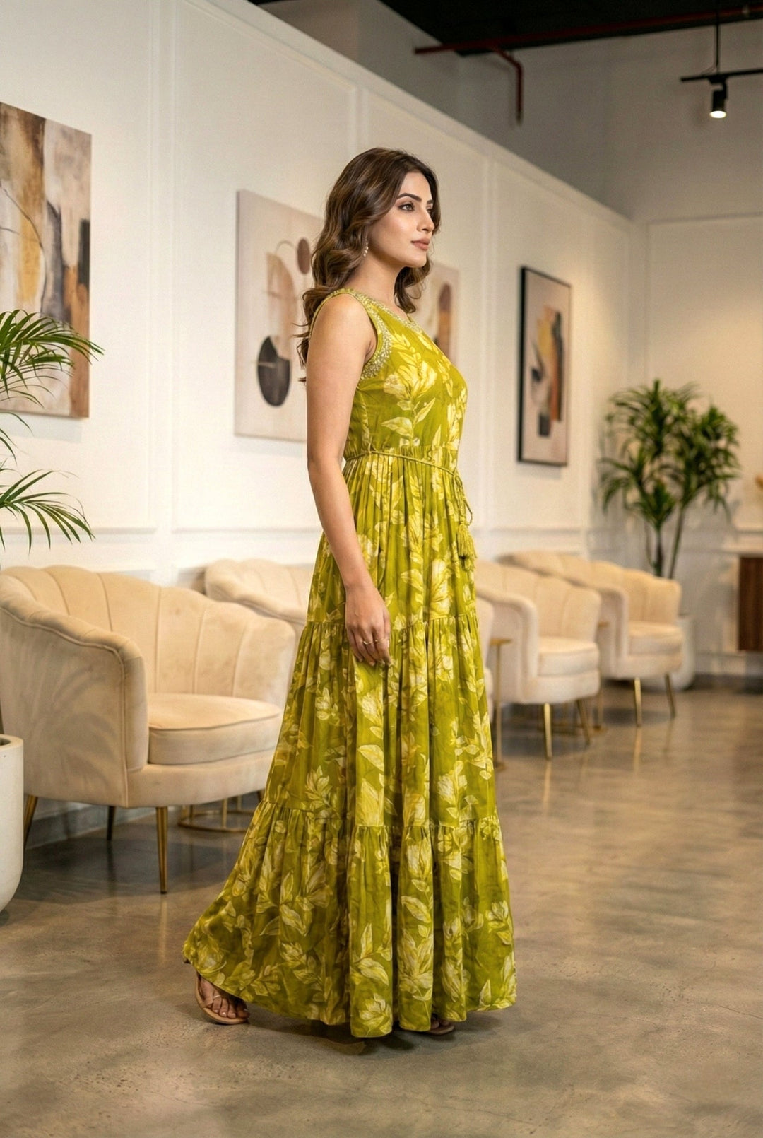 Neerus Green rayon printed maxi dress - back view