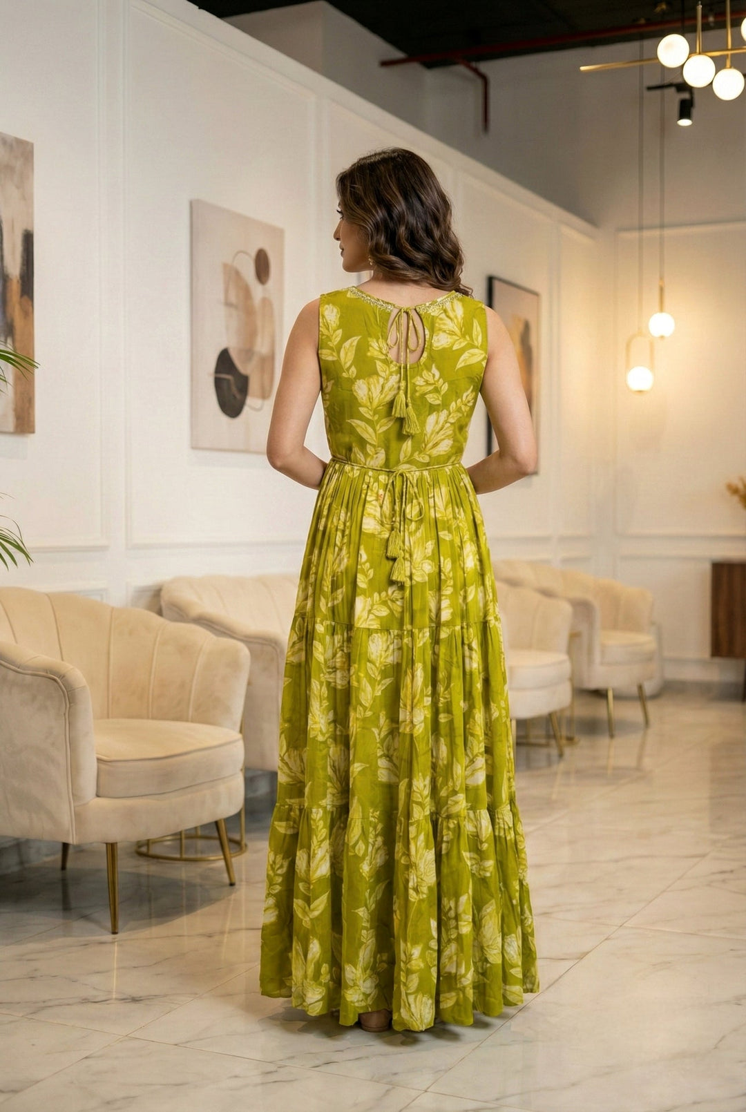 Neerus Green rayon printed maxi dress - side view