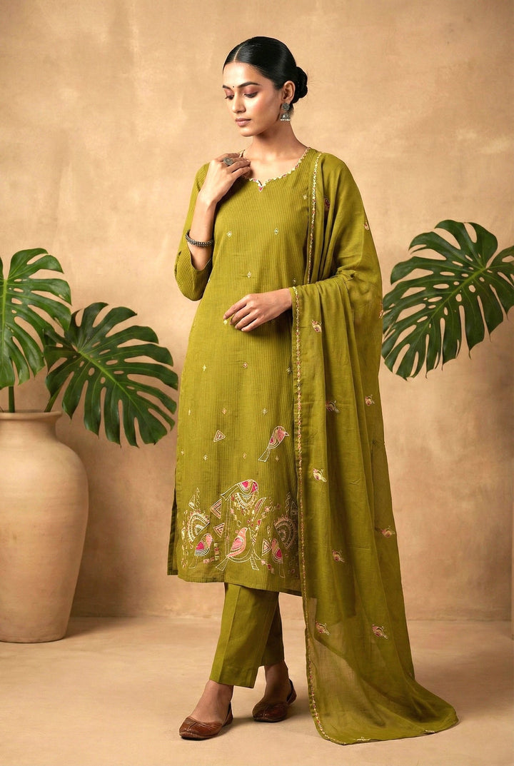 Neerus Green cotton digital printed suit set - front view