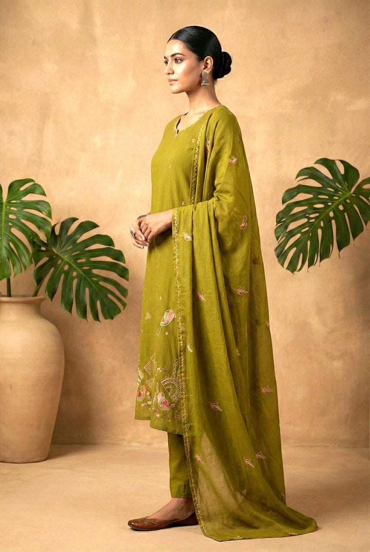 Neerus Green cotton digital printed suit set - back view