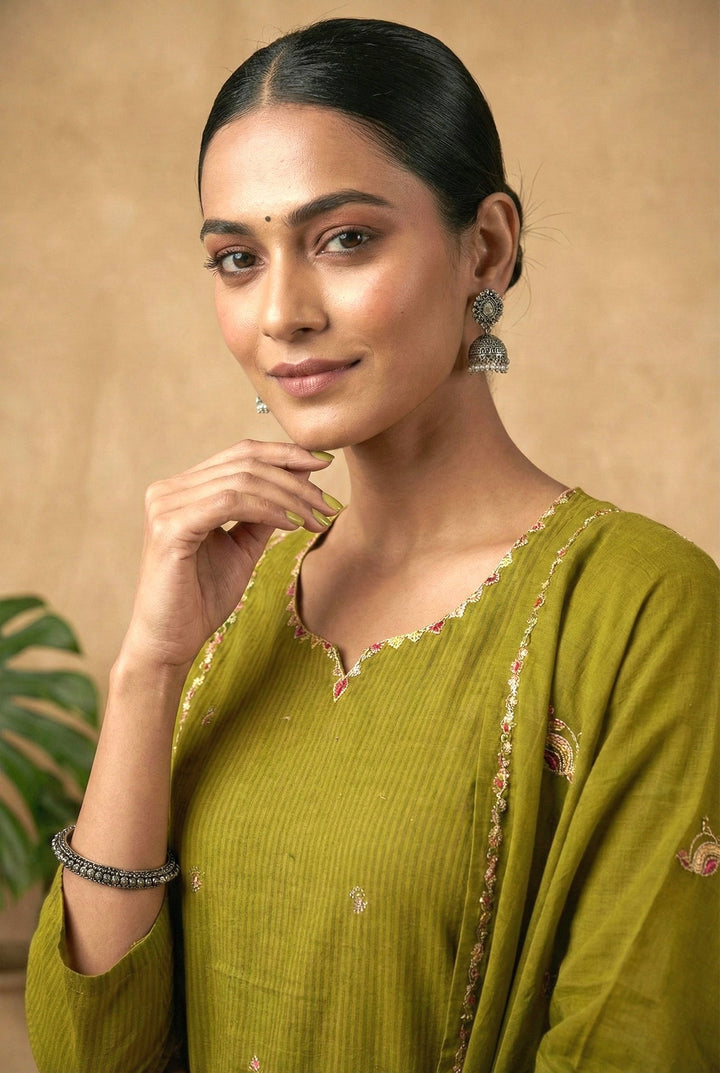Neerus Green cotton digital printed suit set - detail view 1