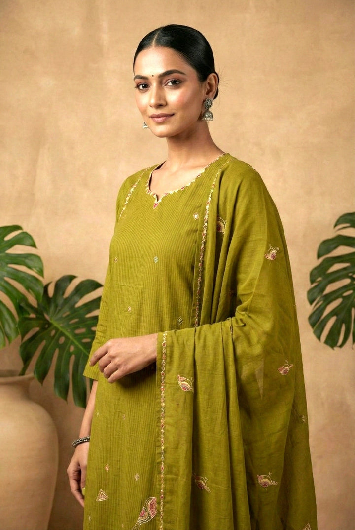 Neerus Green cotton digital printed suit set - detail view 2