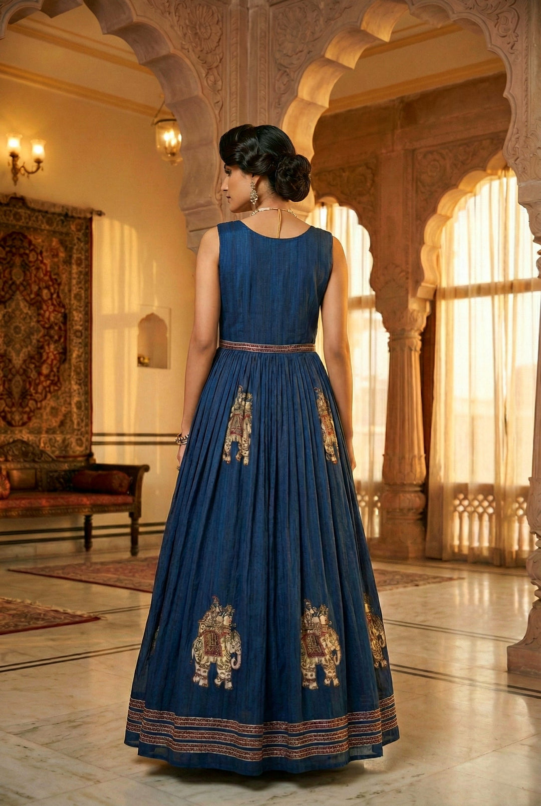 Neerus Blue Chinon Embellished Maxi Dress - side view