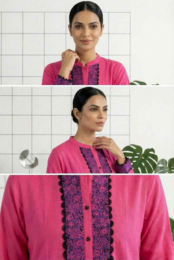 Neerus Pink rayon hand embroidered kurti - side view
