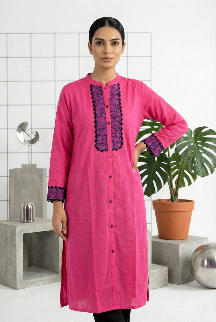 Neerus Pink rayon hand embroidered kurti - front view