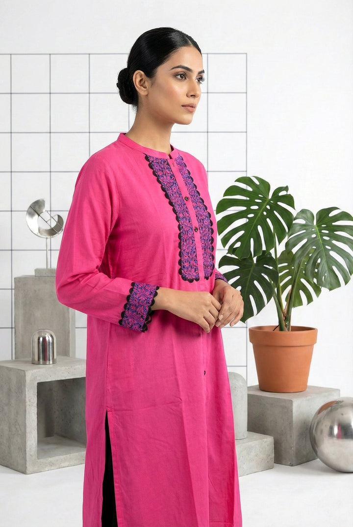 Neerus Pink rayon hand embroidered kurti - back view