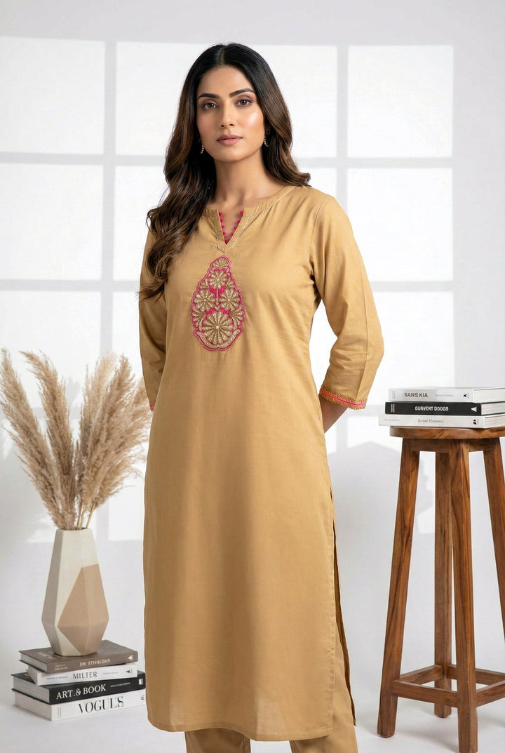 Neerus Beige muslin hand embroidered kurti - front view