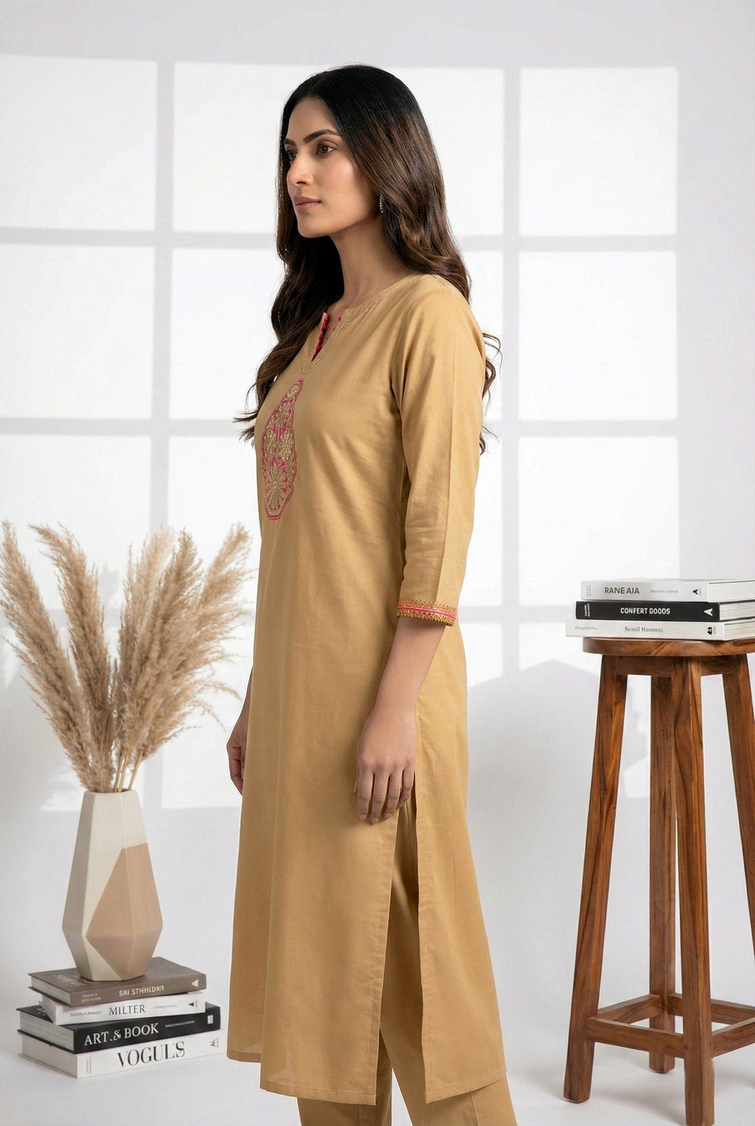 Neerus Beige muslin hand embroidered kurti - back view