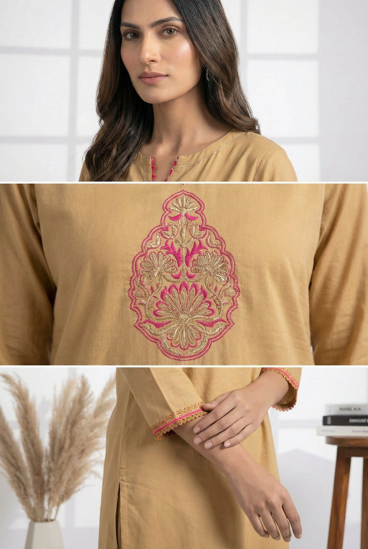 Neerus Beige muslin hand embroidered kurti - side view