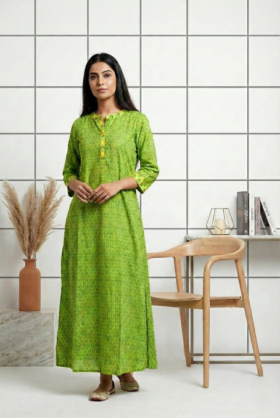 Neerus Green cotton printed dress - front view
