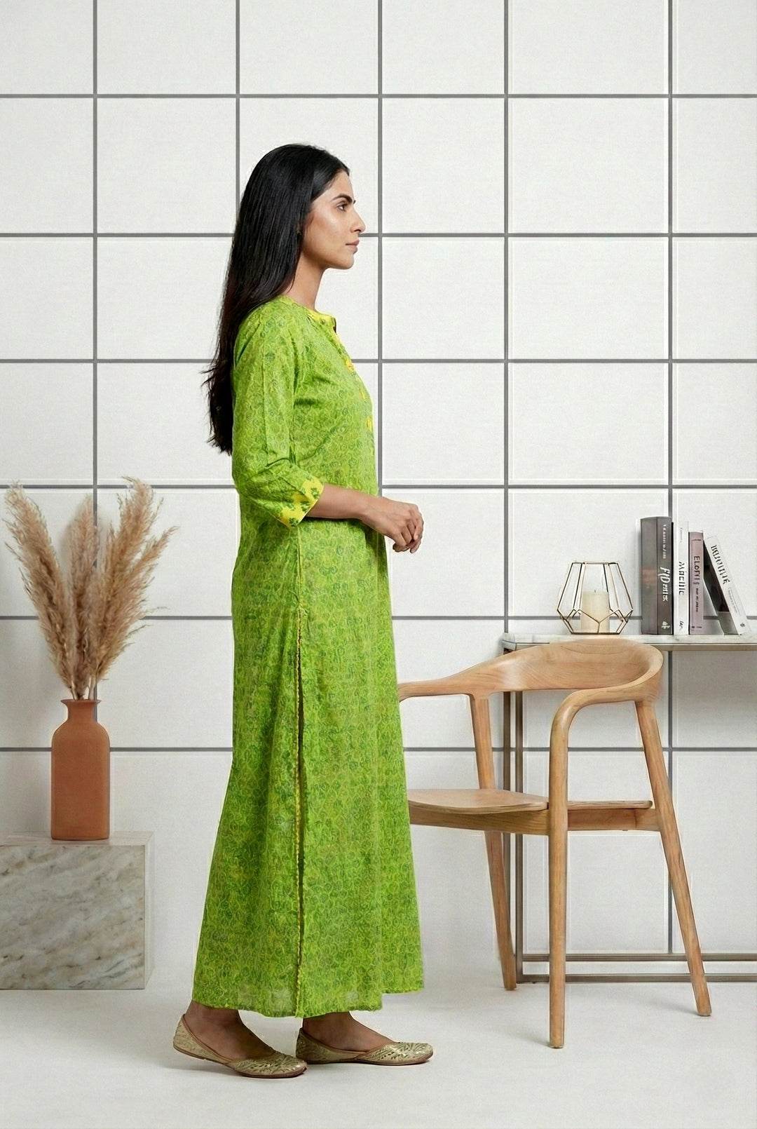 Neerus Green cotton printed dress - back view