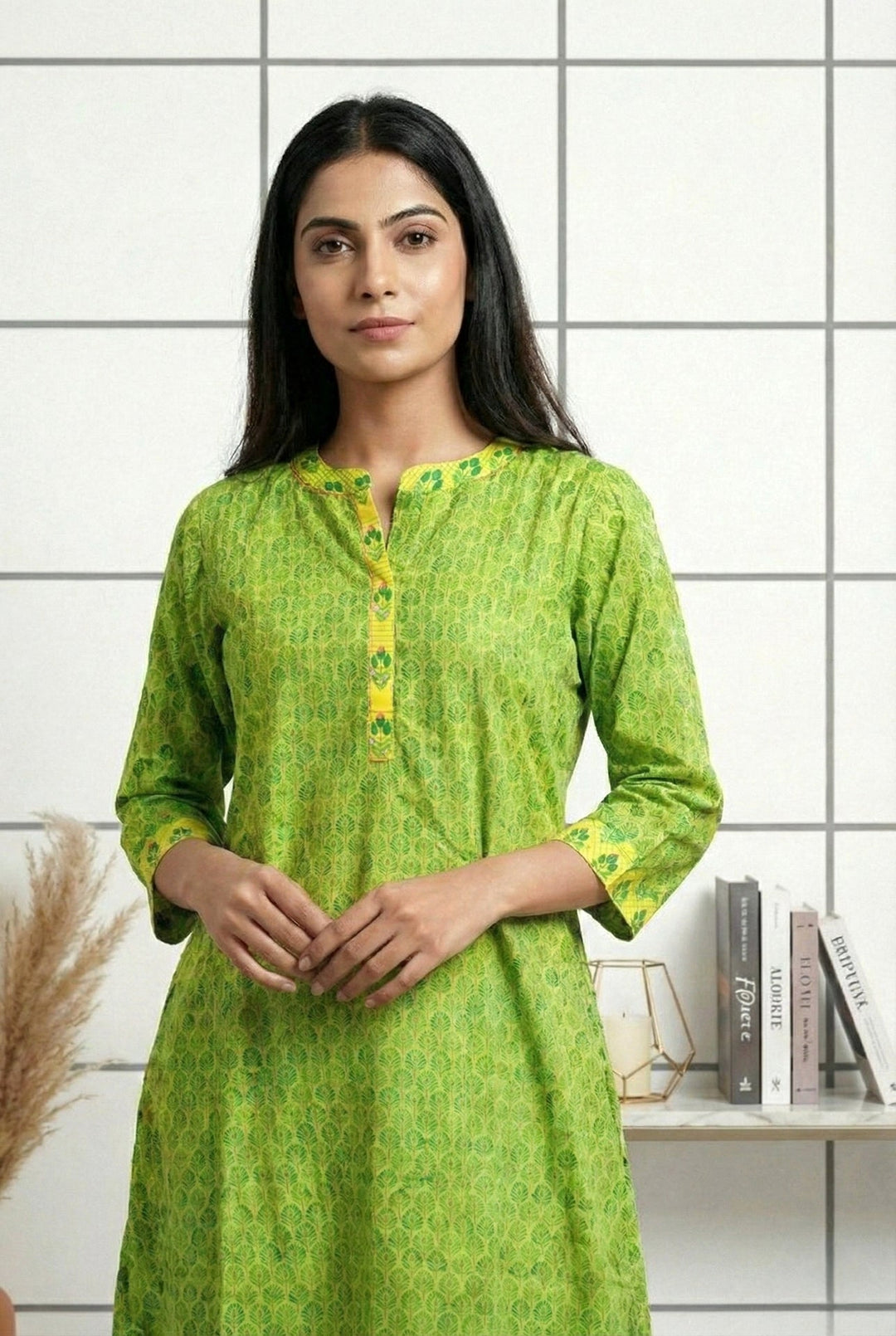 Neerus Green cotton printed dress - side view
