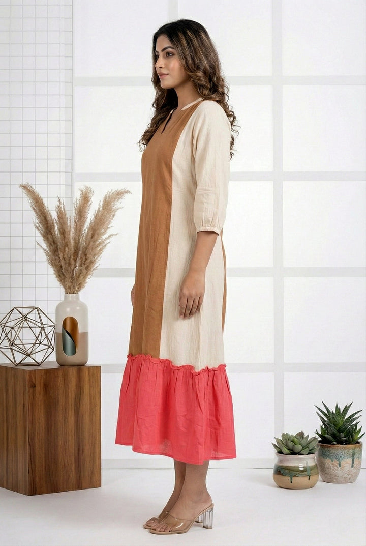 Neerus Beige rayon printed kurti - back view
