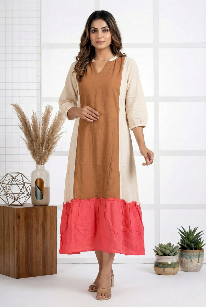 Neerus Beige rayon printed kurti - front view