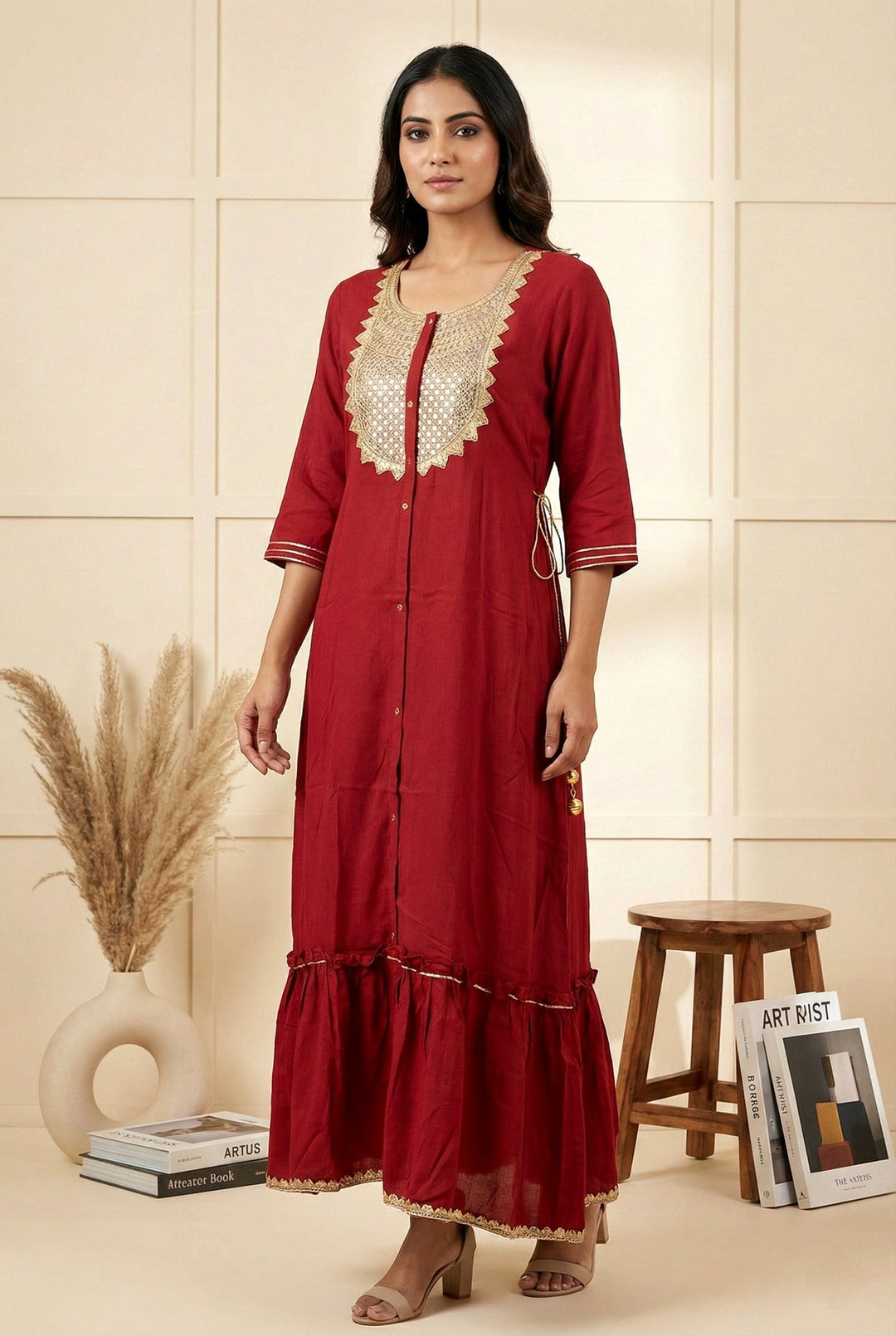 Neerus Maroon chiffon hand embroidered maxi dress - front view