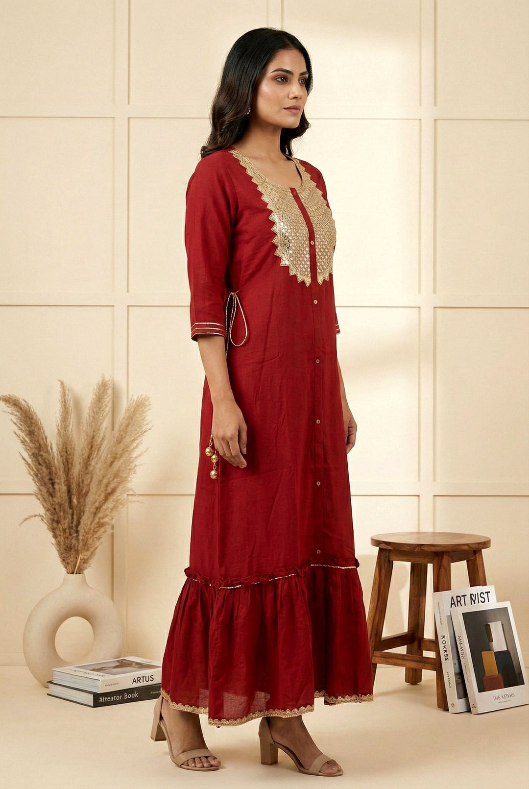 Neerus Maroon chiffon hand embroidered maxi dress - back view