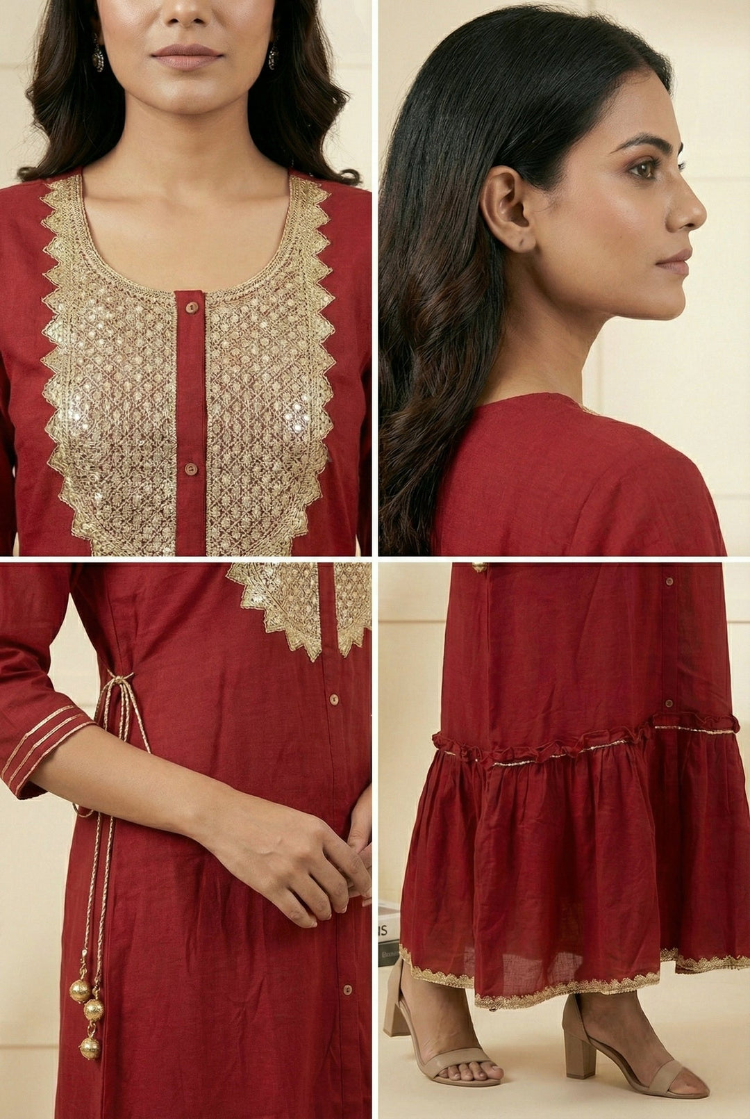 Neerus Maroon chiffon hand embroidered maxi dress - side view