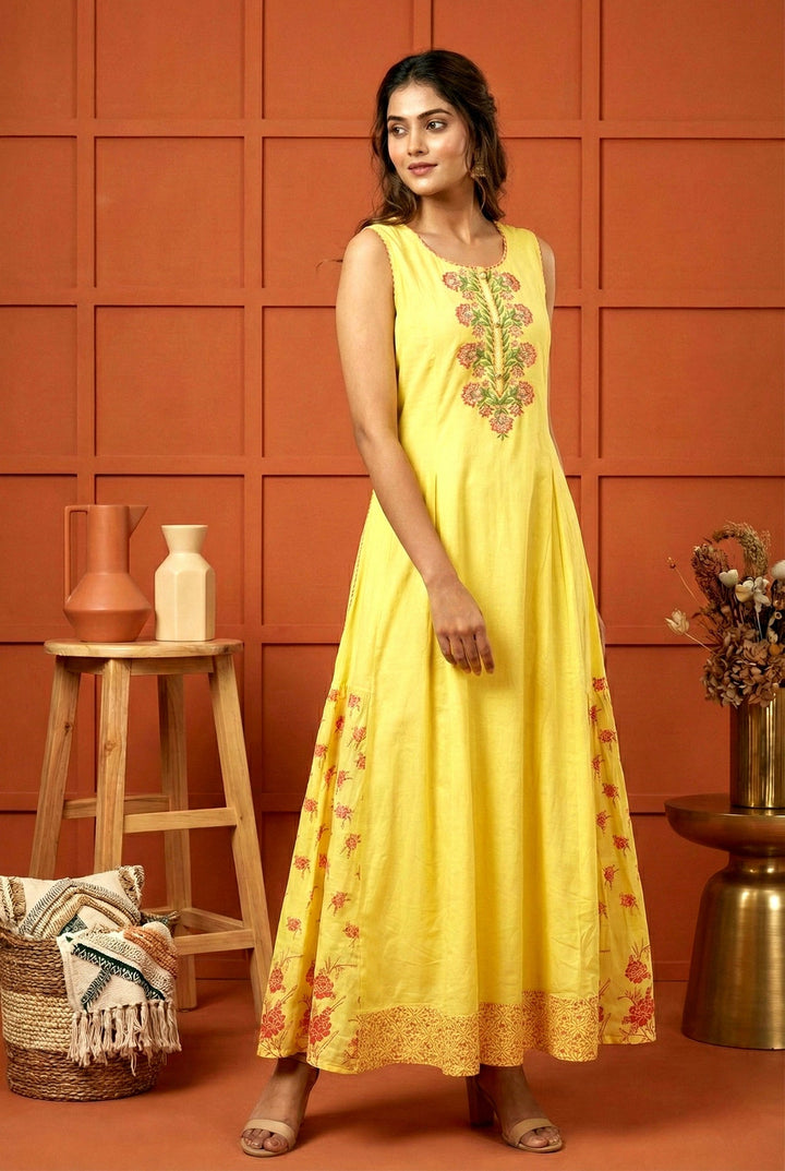 Neerus Yellow Rayon Hand Embroidered Dress - front view