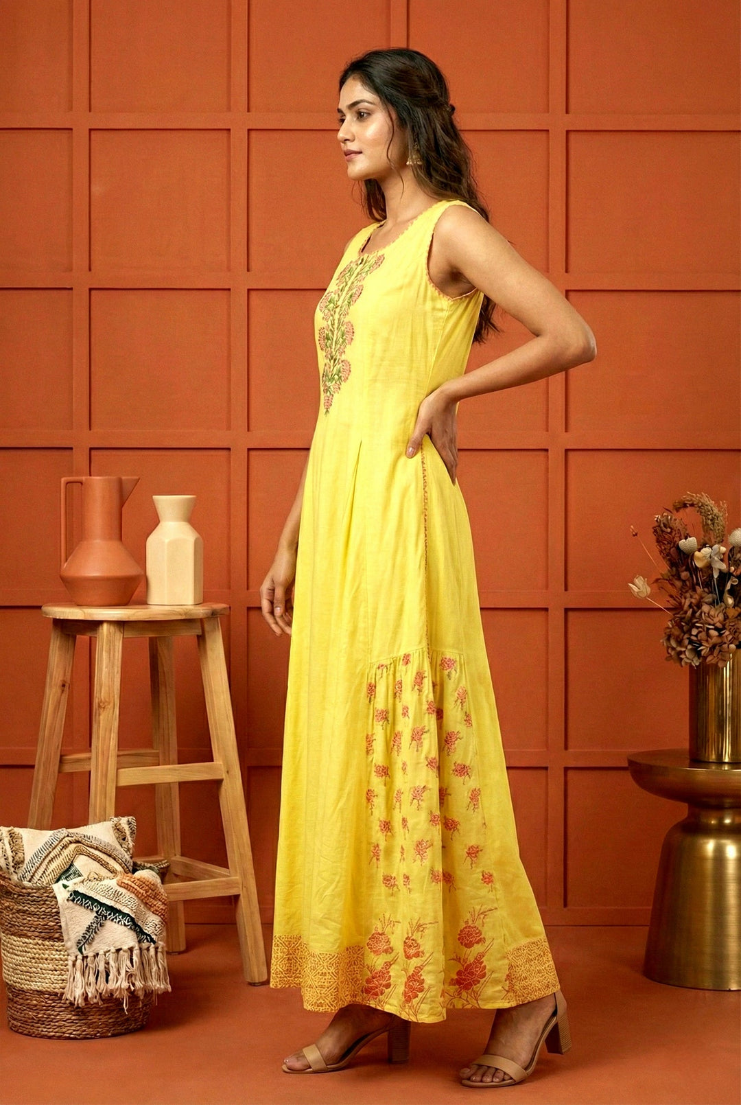 Neerus Yellow Rayon Hand Embroidered Dress - back view