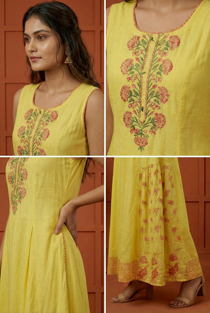 Neerus Yellow Rayon Hand Embroidered Dress - side view