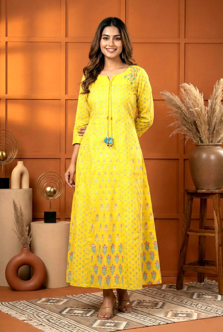 Neerus Yellow muslin printed maxi dress - front view