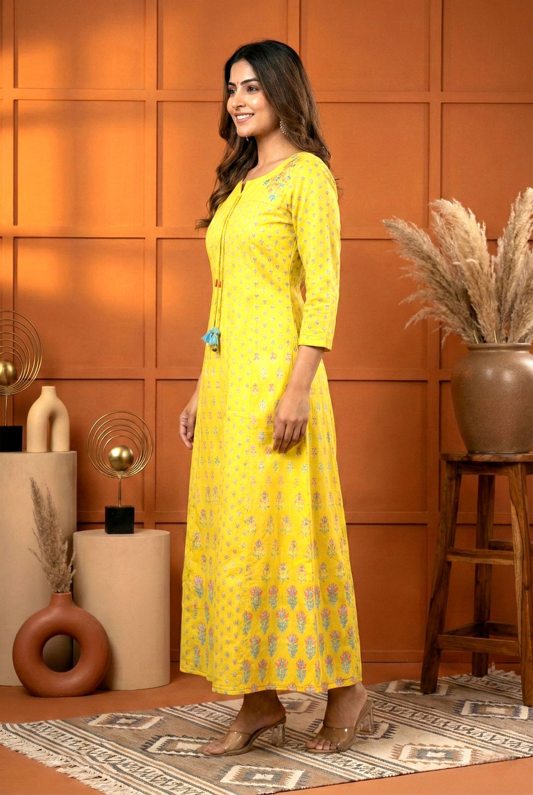 Neerus Yellow muslin printed maxi dress - back view