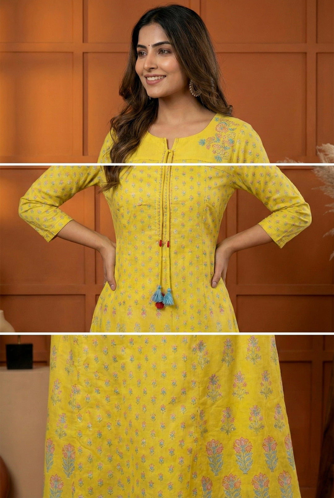 Neerus Yellow muslin printed maxi dress - side view