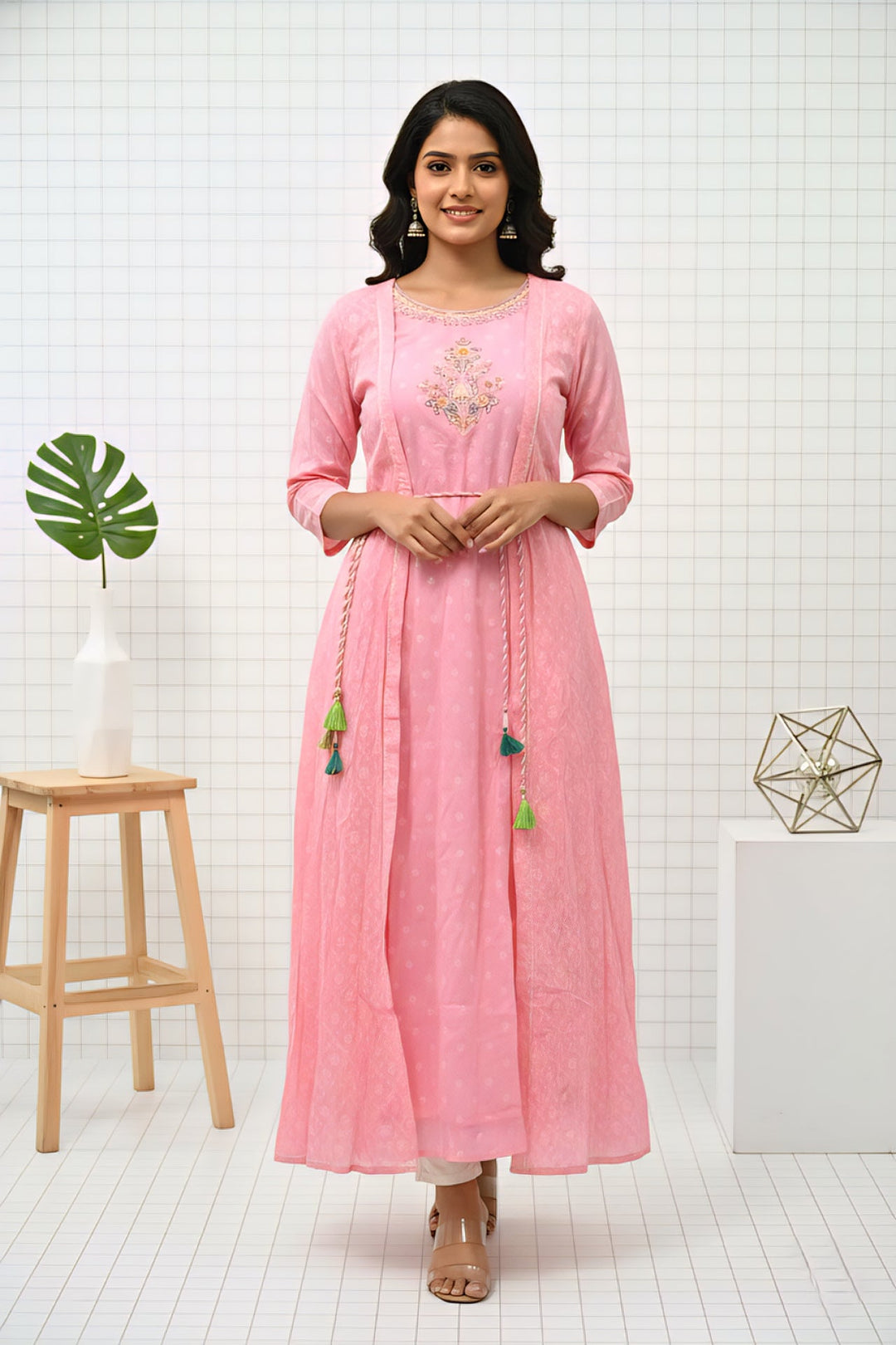 Neerus Pink cotton thread embroidered dress - front view