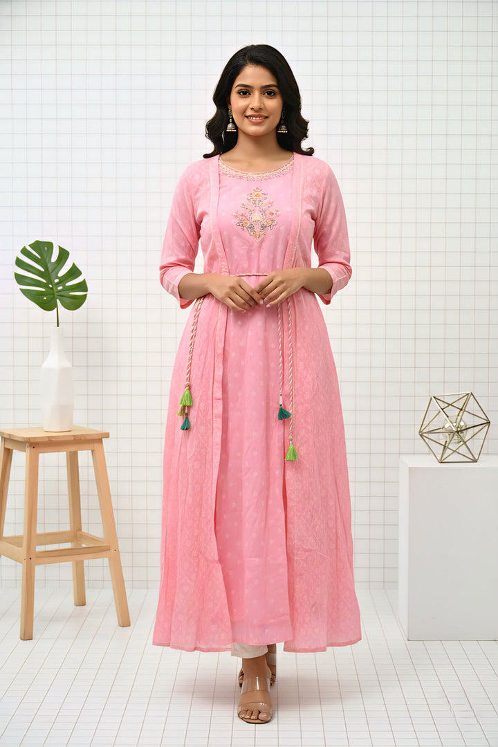Neerus Pink cotton thread embroidered dress - front view