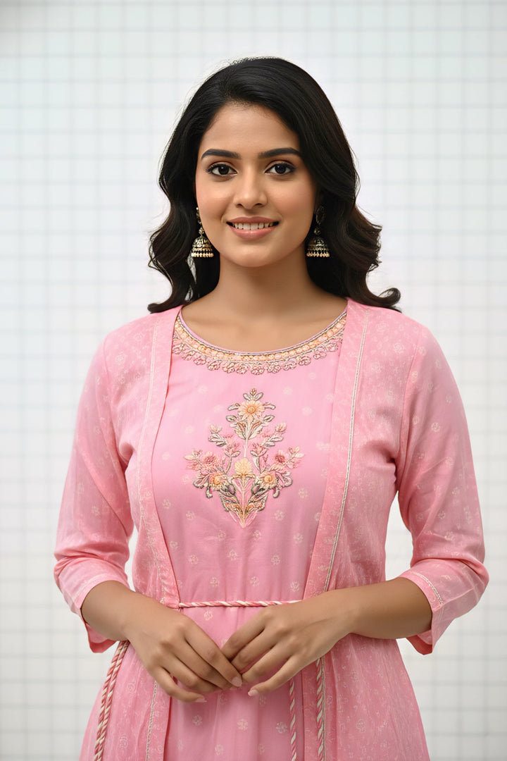 Neerus Pink cotton thread embroidered dress - side view