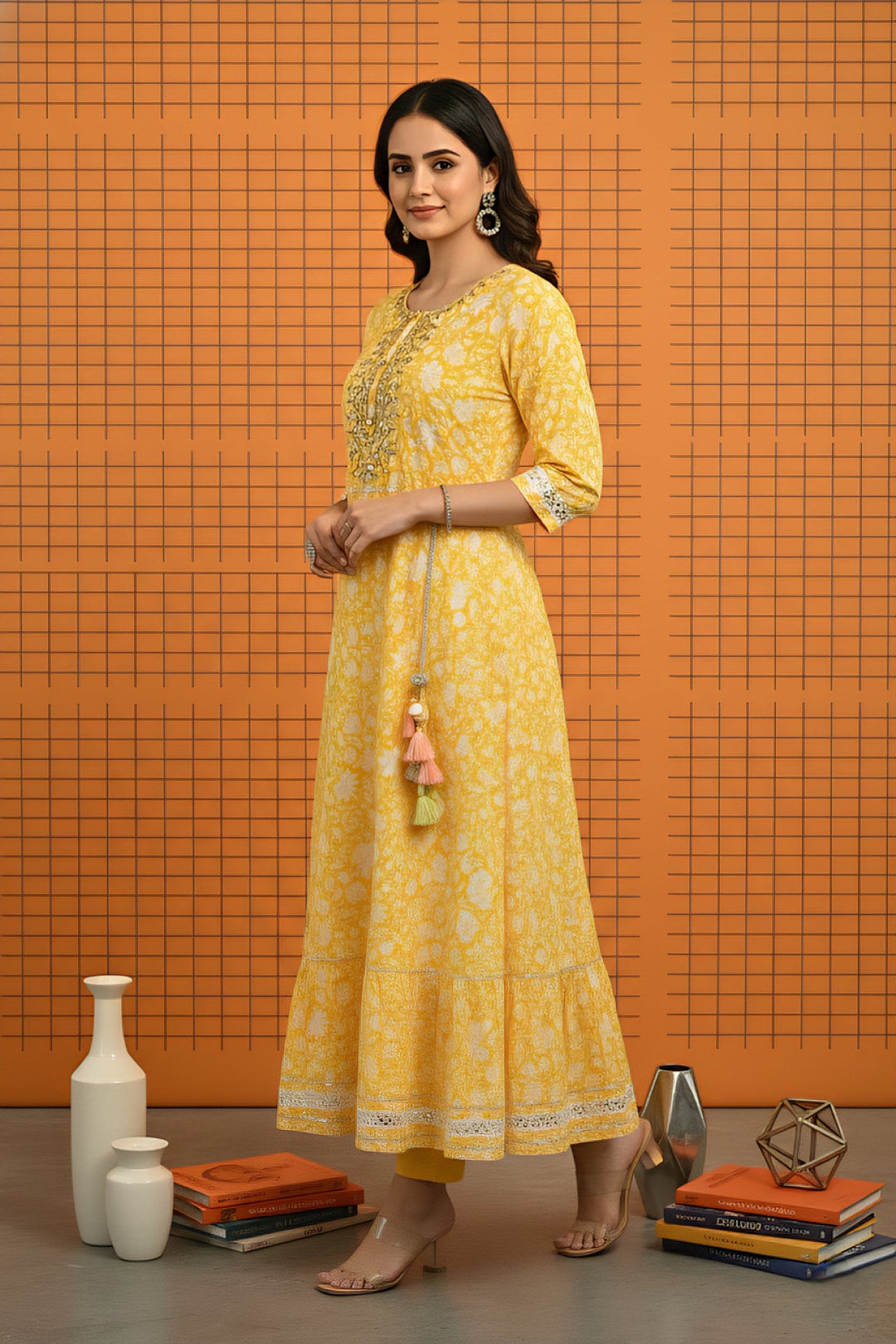 Neerus Yellow cotton embellished dress - back view