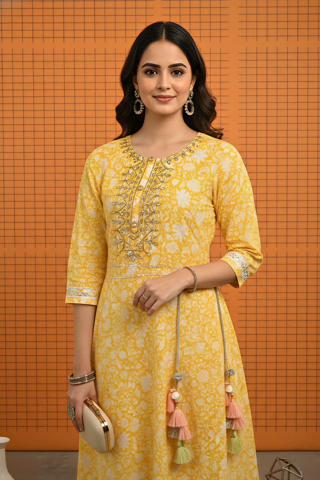 Neerus Yellow cotton embellished dress - side view
