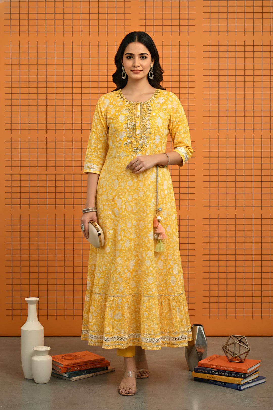 Neerus Yellow cotton embellished dress - front view