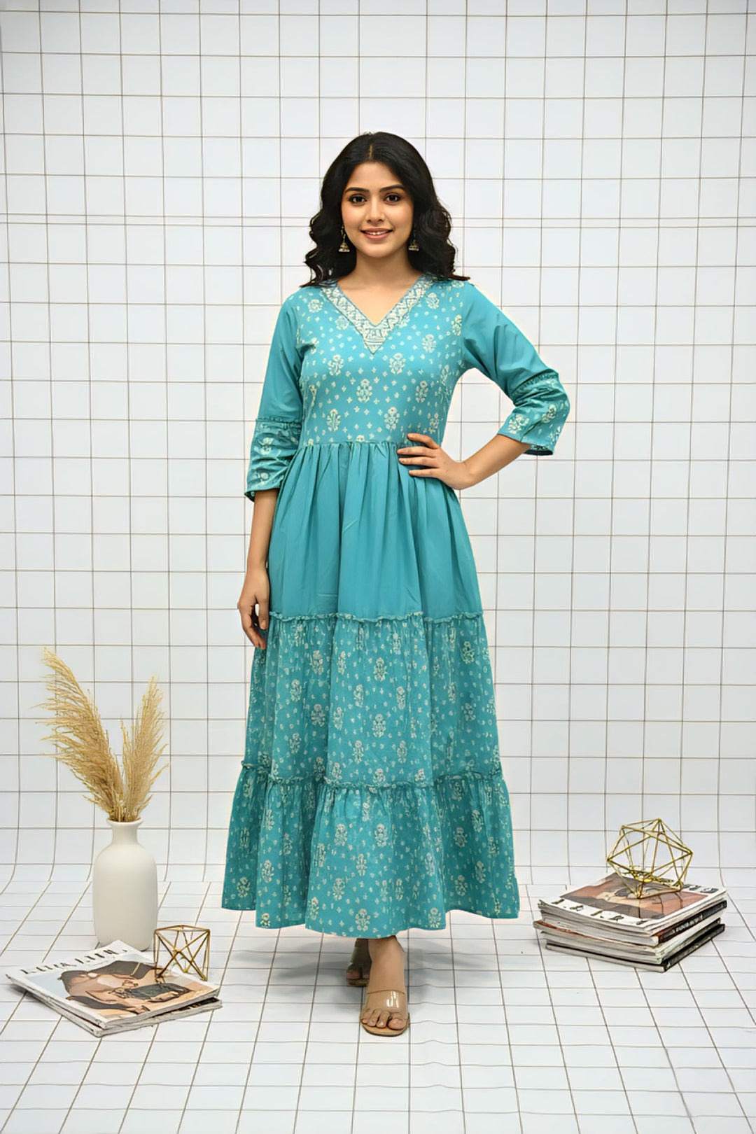 Neerus Green muslin printed floral dress - front view