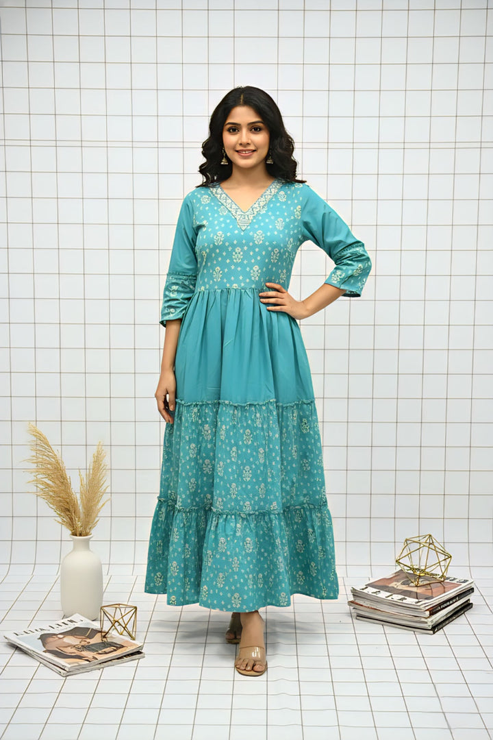 Neerus Green muslin printed floral dress - front view