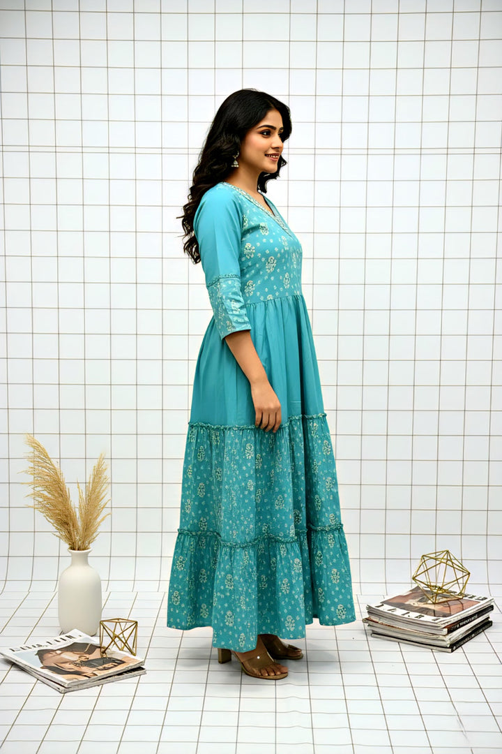 Neerus Green muslin printed floral dress - back view
