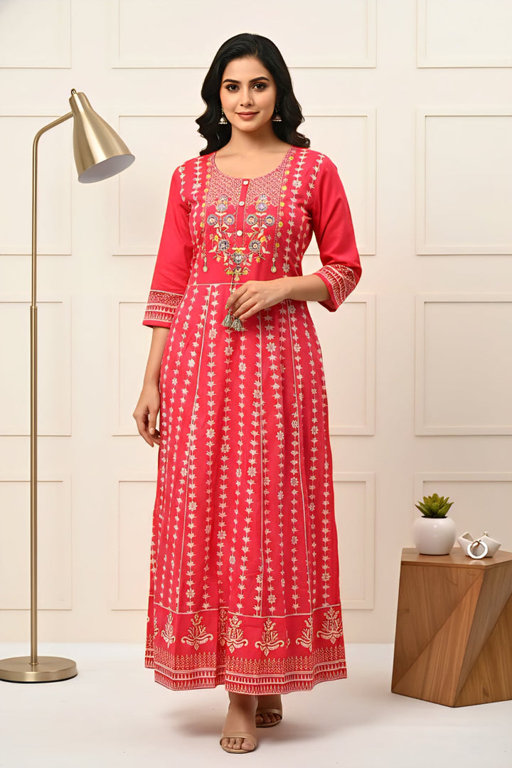 Neerus Pink cotton hand embroidered floral dress - front view