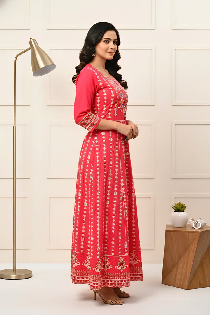 Neerus Pink cotton hand embroidered floral dress - back view