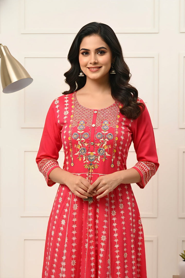 Neerus Pink cotton hand embroidered floral dress - side view