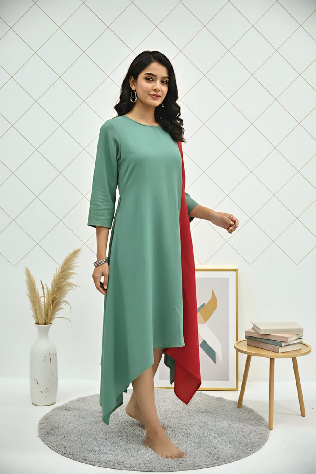 Neerus Green georgette printed kurti - front view