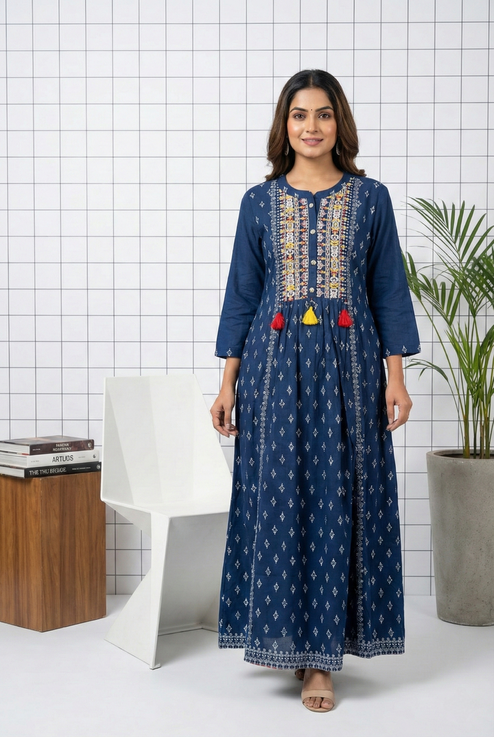 Neerus Blue Rayon Thread Embroidered Maxi Dress - front view