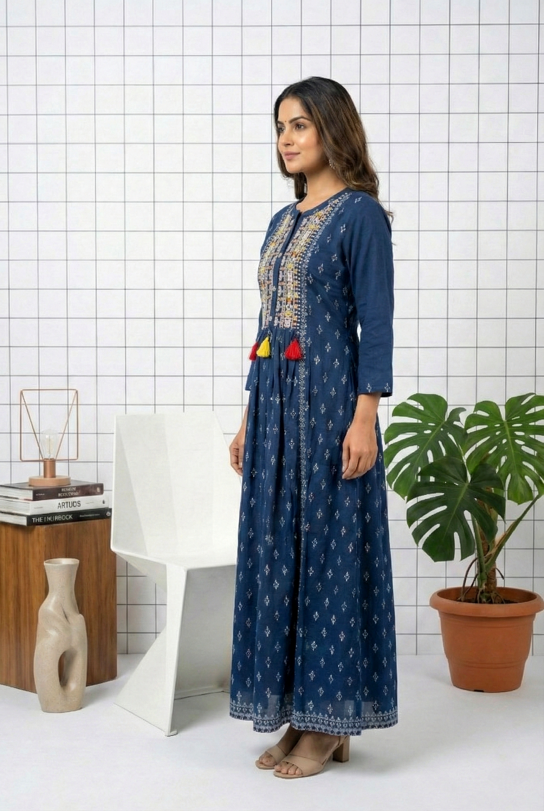 Neerus Blue Rayon Thread Embroidered Maxi Dress - back view