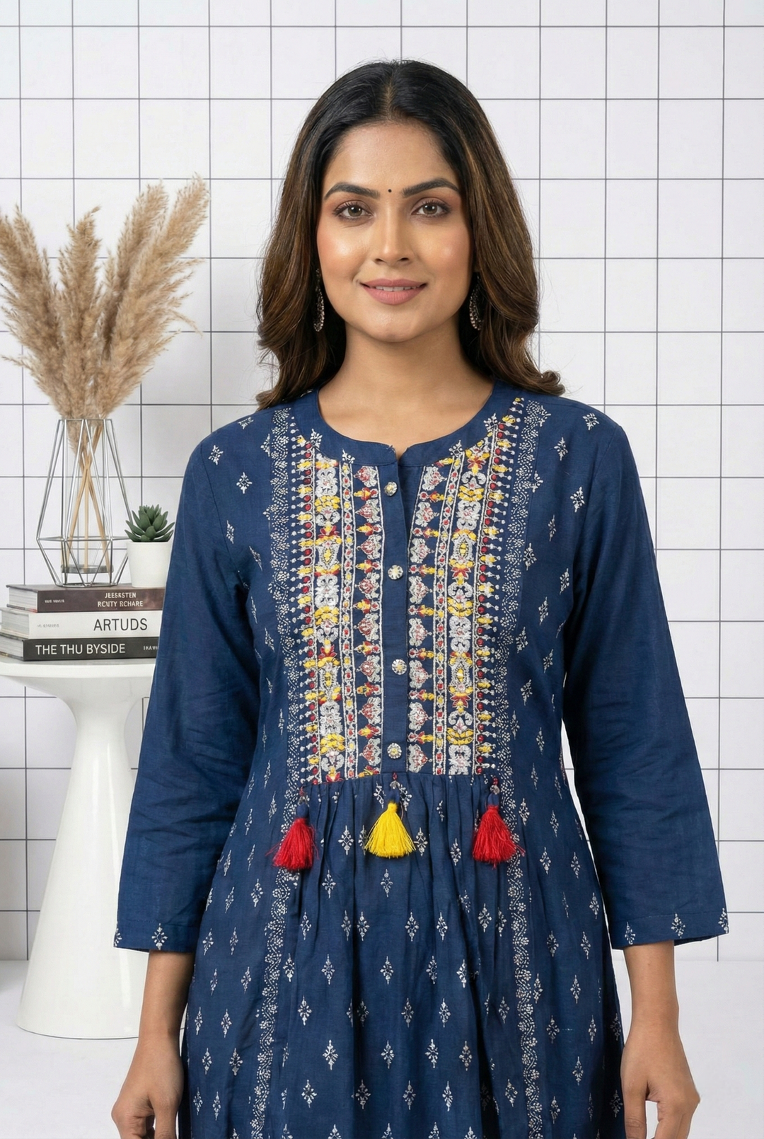 Neerus Blue Rayon Thread Embroidered Maxi Dress - side view