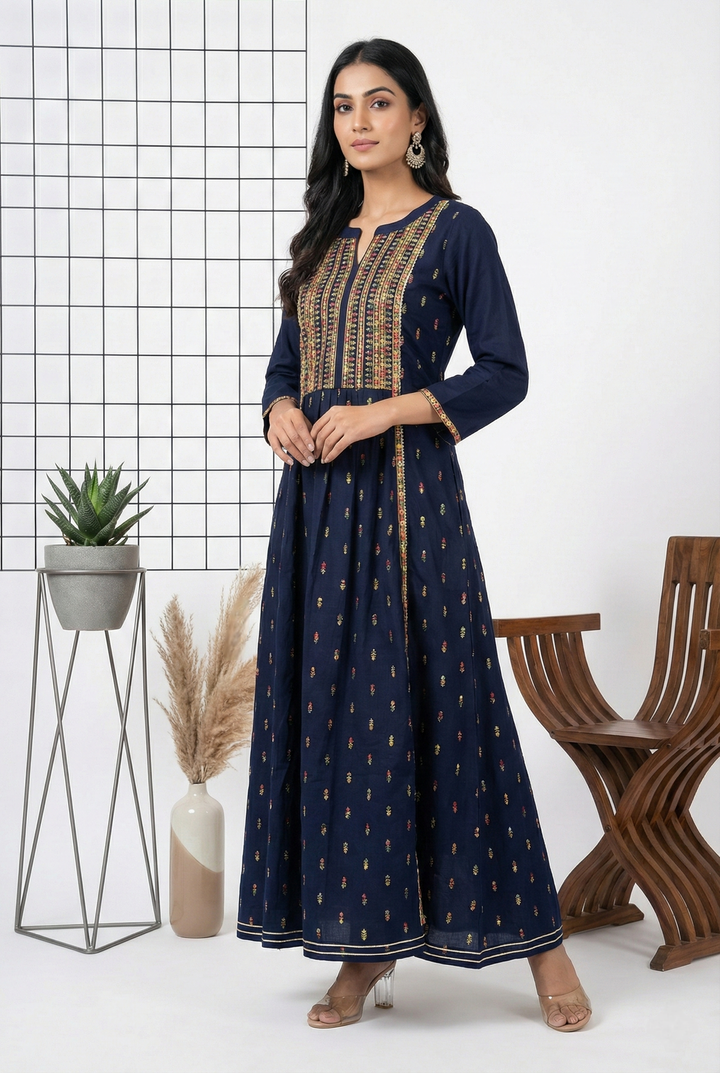 Neerus Blue Rayon Hand Embroidered Dress - front view