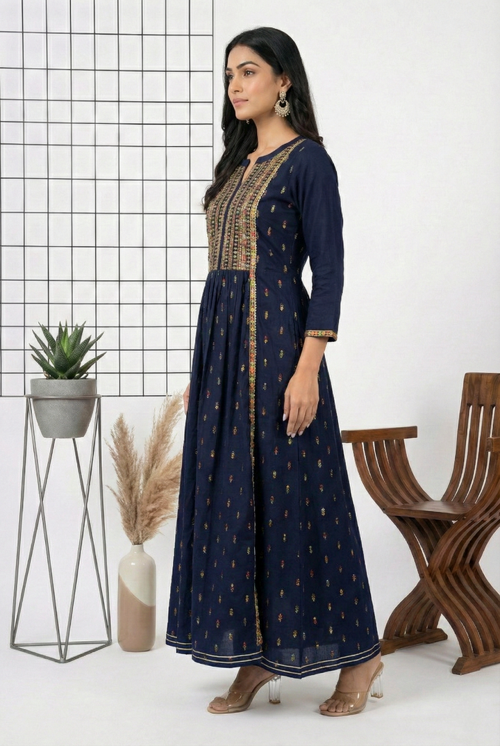 Neerus Blue Rayon Hand Embroidered Dress - back view