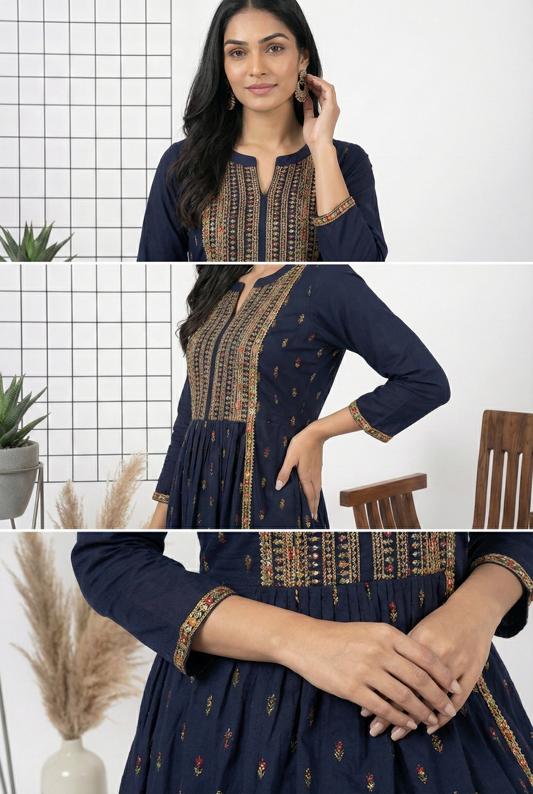 Neerus Blue Rayon Hand Embroidered Dress - side view