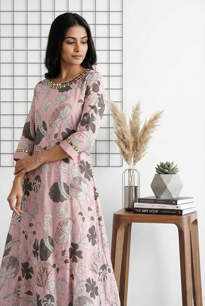 Neerus Pink satin mirror work floral dress - front view